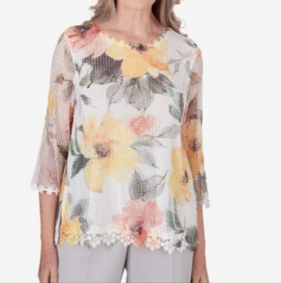Alfred Dunner Charleston Watercolor Mesh Top 3/4 Sleeve 1X - Picture 5 of 9